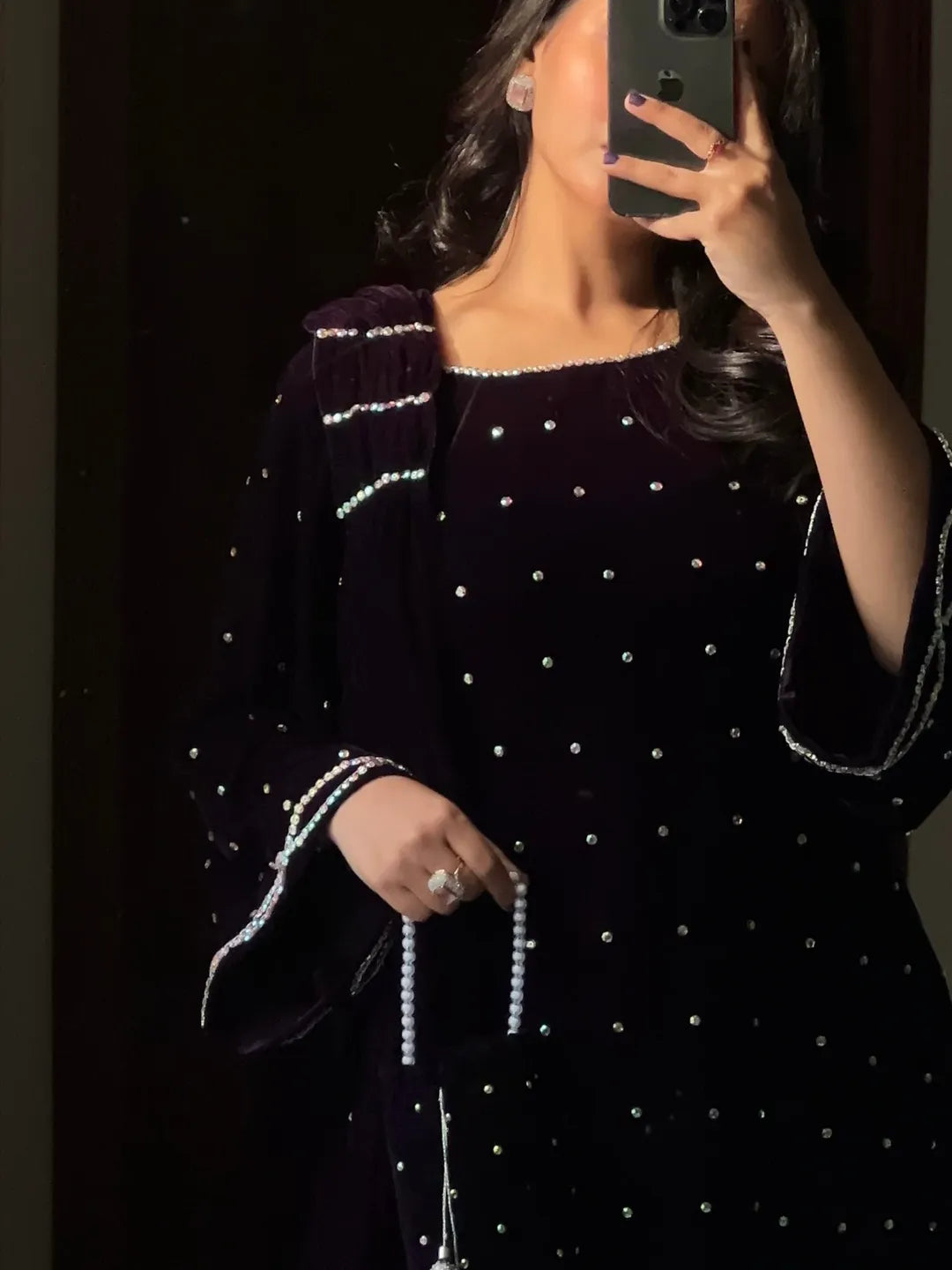Velvet Gazal Plum formal shirt displaying scattered crystal stones, square neckline and contrast sleeve edging