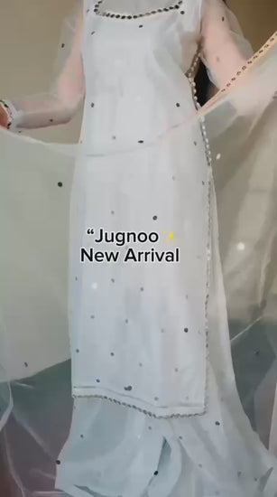 Video of Jugnoo white organza dress with shesha mirror lace