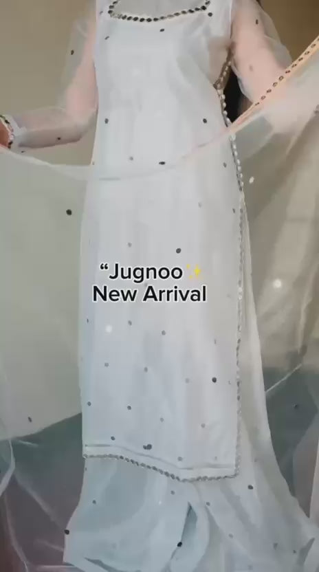 Video of Jugnoo white organza dress with shesha mirror lace