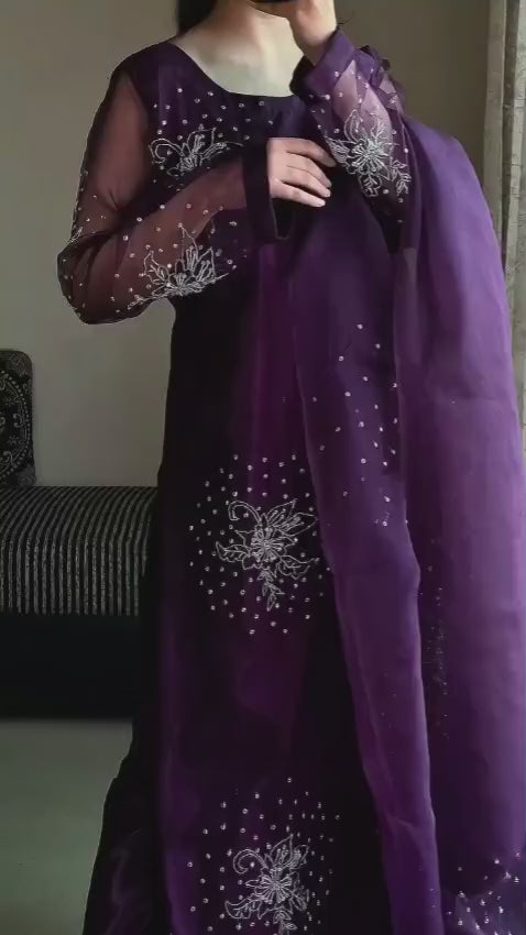 Close view of Gulshan Purple organza suit highlighting embellished neckline, sheer worked sleeves and coordinated purple dupatta