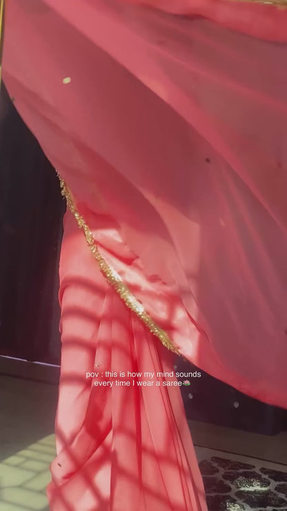 Rosabelle – Coral Pink Chiffon Saree with Golden Lace