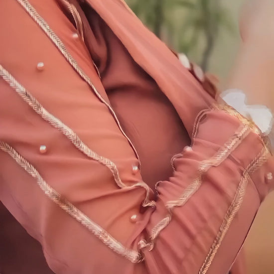 Aster peach coral chiffon lace saree video showing drape, pallu, lace border and full sleeve blouse by Anabiyawear