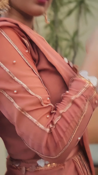 Aster peach coral chiffon lace saree video showing drape, pallu, lace border and full sleeve blouse by Anabiyawear