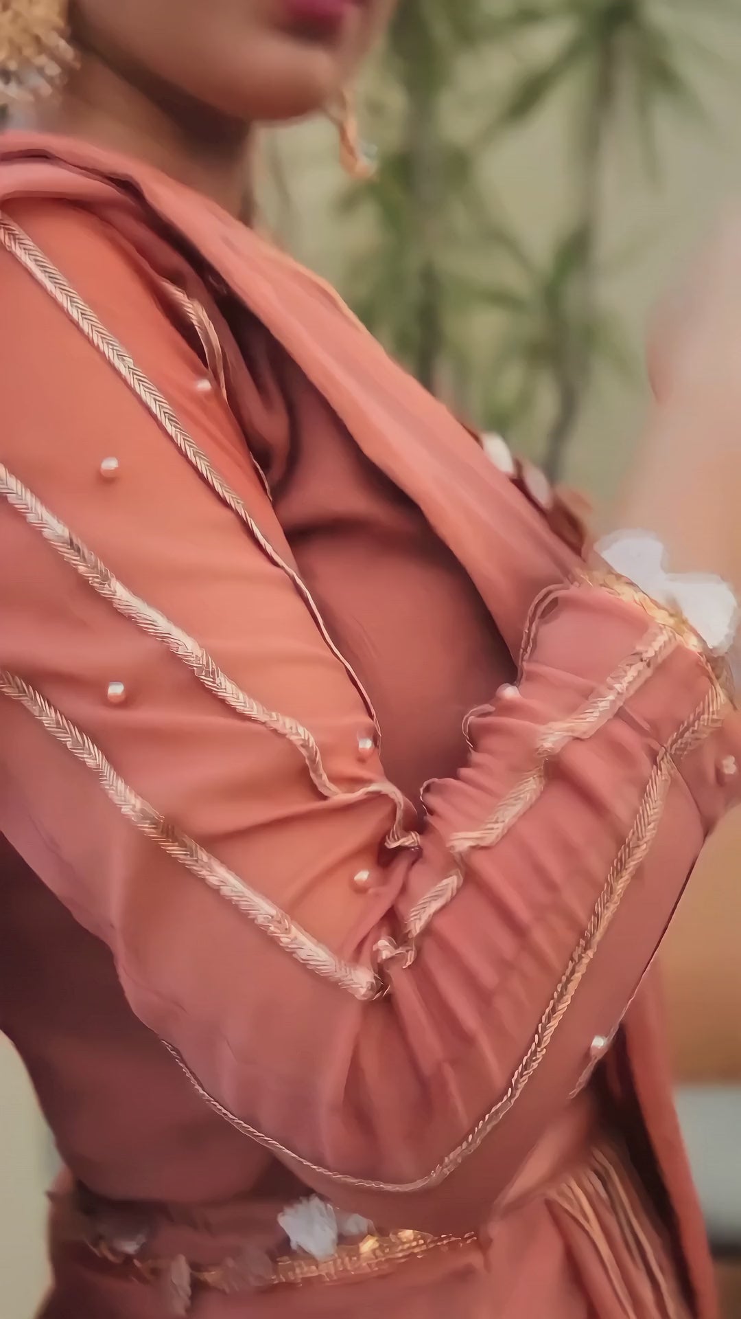 Aster peach coral chiffon lace saree video showing drape, pallu, lace border and full sleeve blouse by Anabiyawear