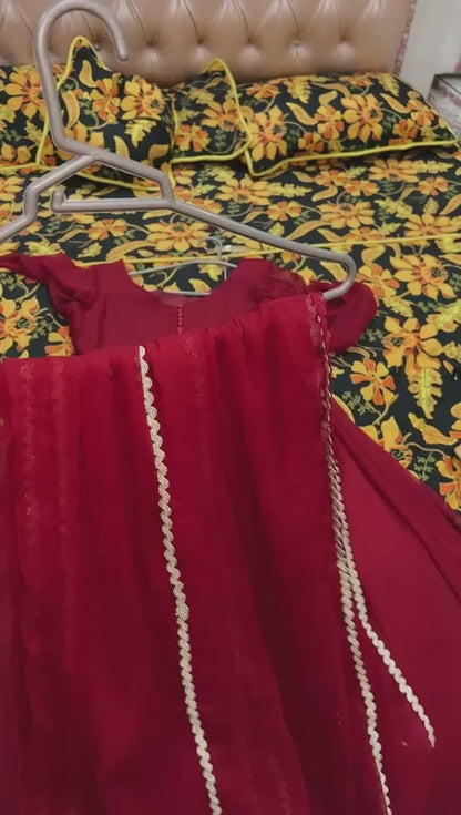 Raqas e Bismal Red Chiffon Frock with Cancan