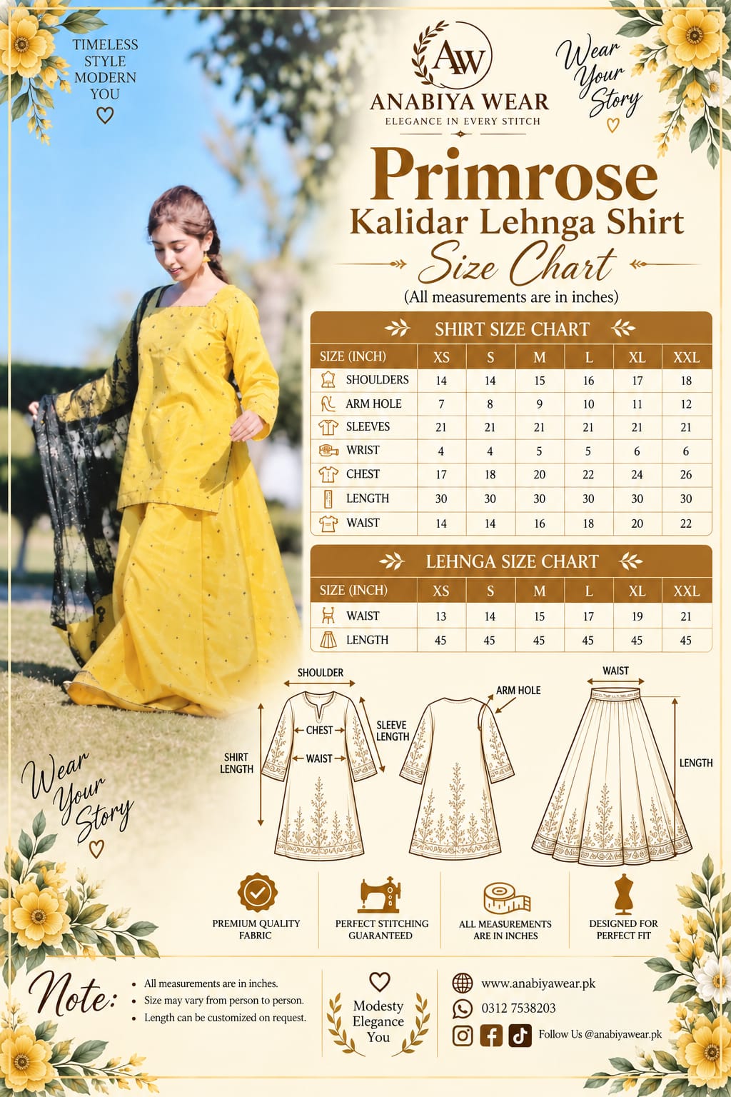 Primrose kalidar lehenga size chart with XS to XXL measurements by Anabiyawear