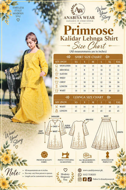 Primrose kalidar lehenga size chart with XS to XXL measurements by Anabiyawear