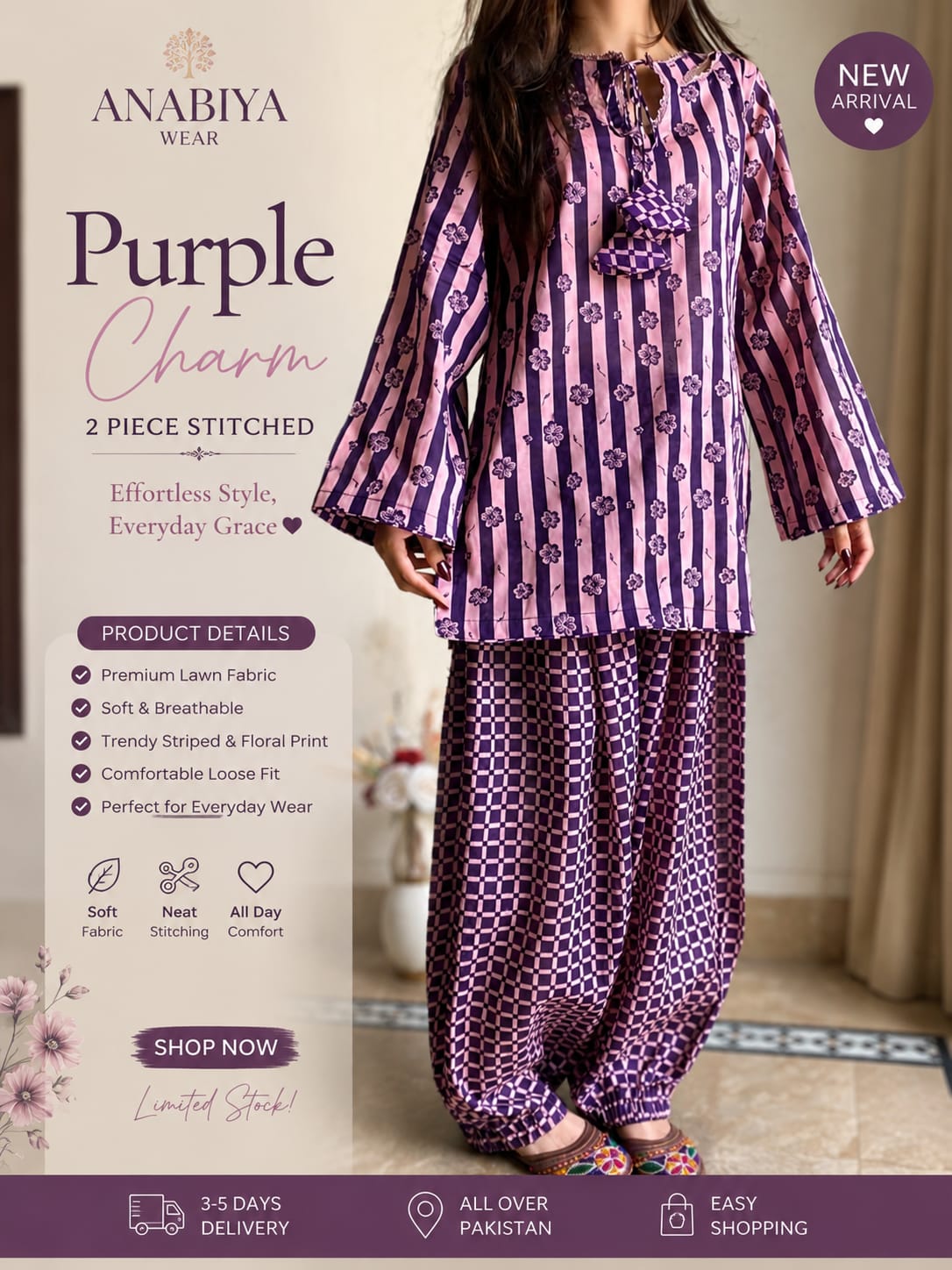 Purple Charm printed lawn 2-piece suit promotional poster showing floral striped shirt and matching trousers | Anabiyawear