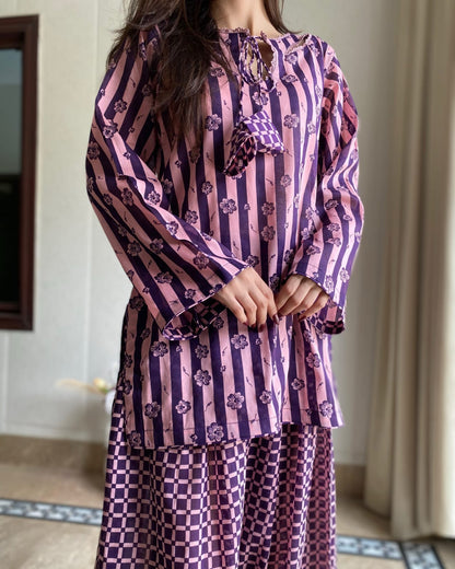 Purple Charm printed lawn shirt close-up showing floral stripes, round neckline and long sleeves | Anabiyawear