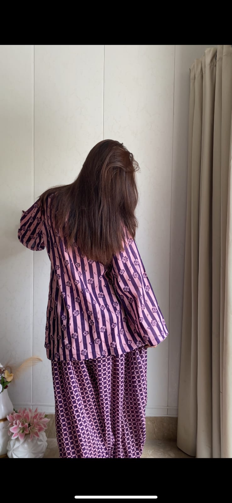 Purple Charm printed lawn 2-piece suit back view showing striped shirt and matching patterned trousers | Anabiyawear