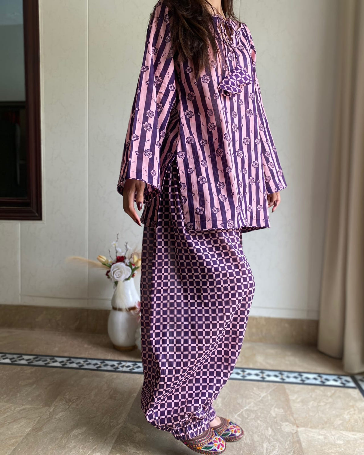Purple Charm printed lawn 2-piece suit side view featuring striped shirt and patterned wide-leg trousers | Anabiyawear