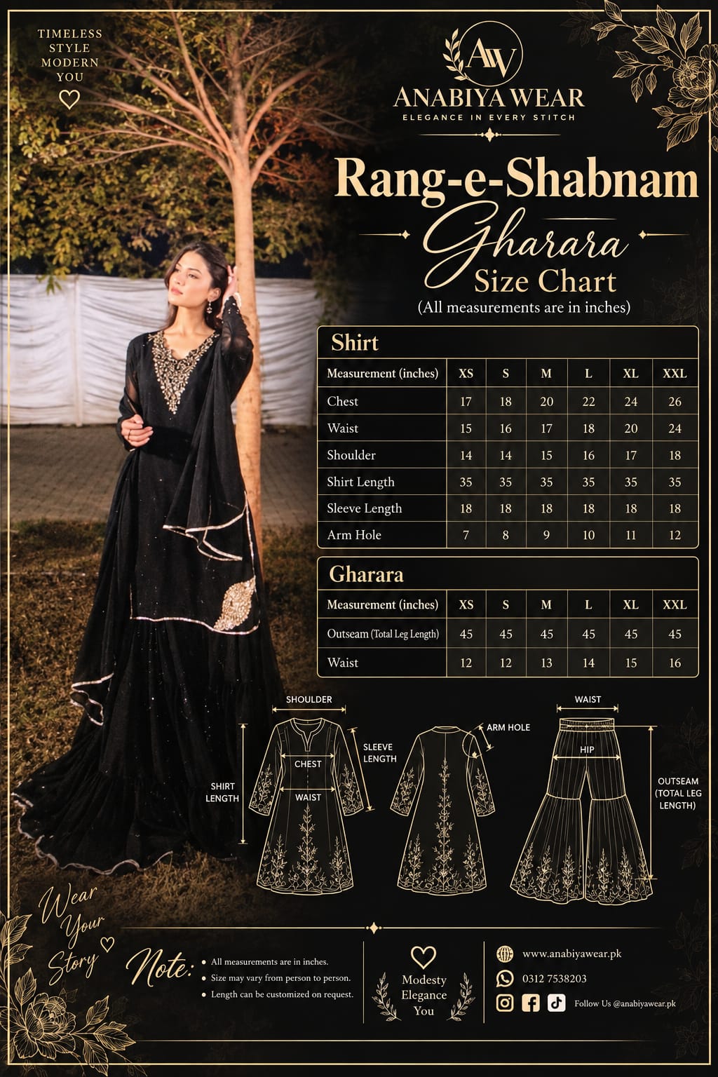 Complete fitting reference for Rang-e-Shabnam Black chiffon gharara set with shirt and bottom measurements