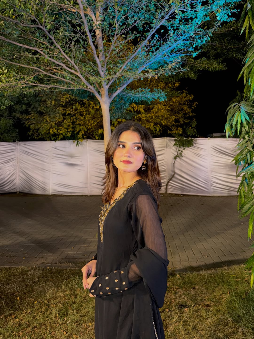 Portrait highlighting the sheer chiffon sleeves and neckline detailing of Rang-e-Shabnam Black gharara suit