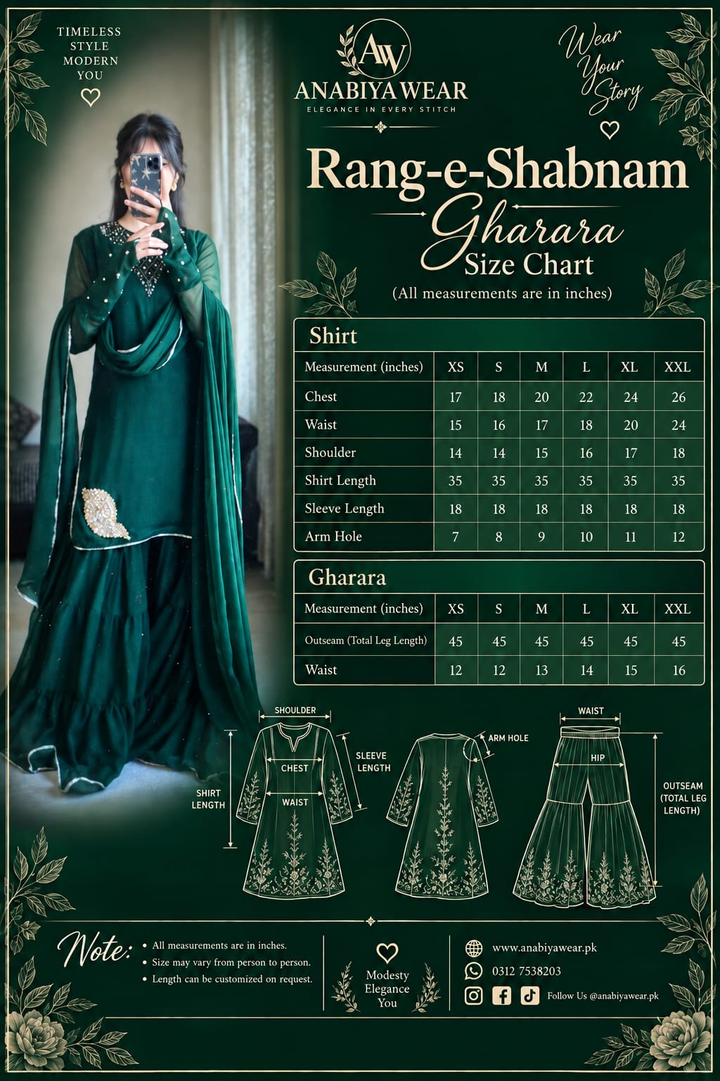 Rang-e-Shabnam bottle green chiffon gharara size chart with XS to XXL shirt and four-layer gharara measurements plus fitting guide