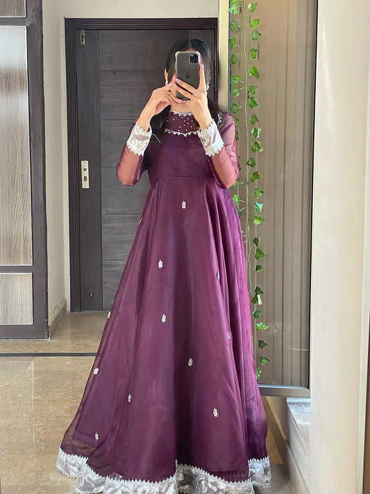Rangrez Plum organza frock front full length with silver jacquard hem border - Anabiyawear
