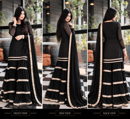 Rebel black chiffon garara suit shown in front side and back views with golden lace detailing by Anabiyawear