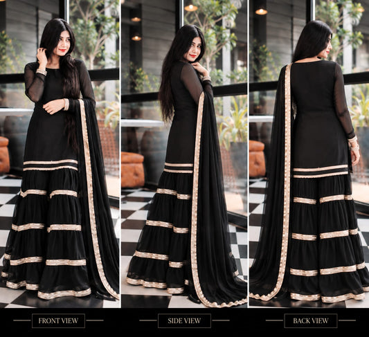 Rebel black chiffon garara suit shown in front side and back views with golden lace detailing by Anabiyawear
