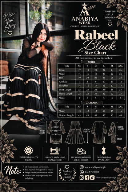Rebel Black chiffon garara suit size chart with Anabiyawear measurements and product reference image