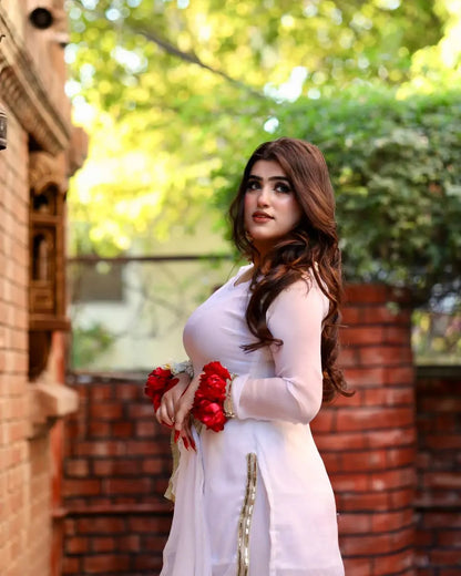 Rebel White chiffon garara set in side profile with short white shirt by Anabiyawear