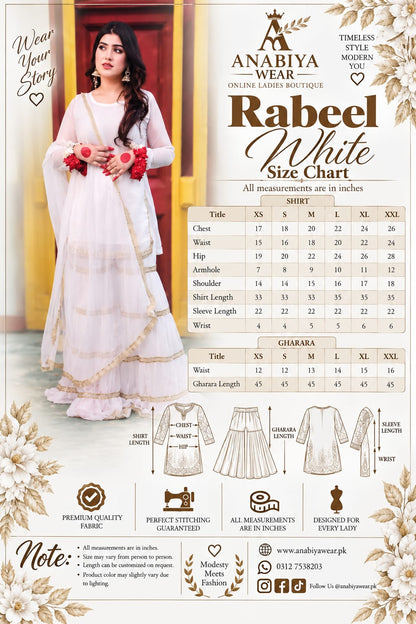 Rebel White chiffon garara set size chart with Anabiyawear measurements and product reference image