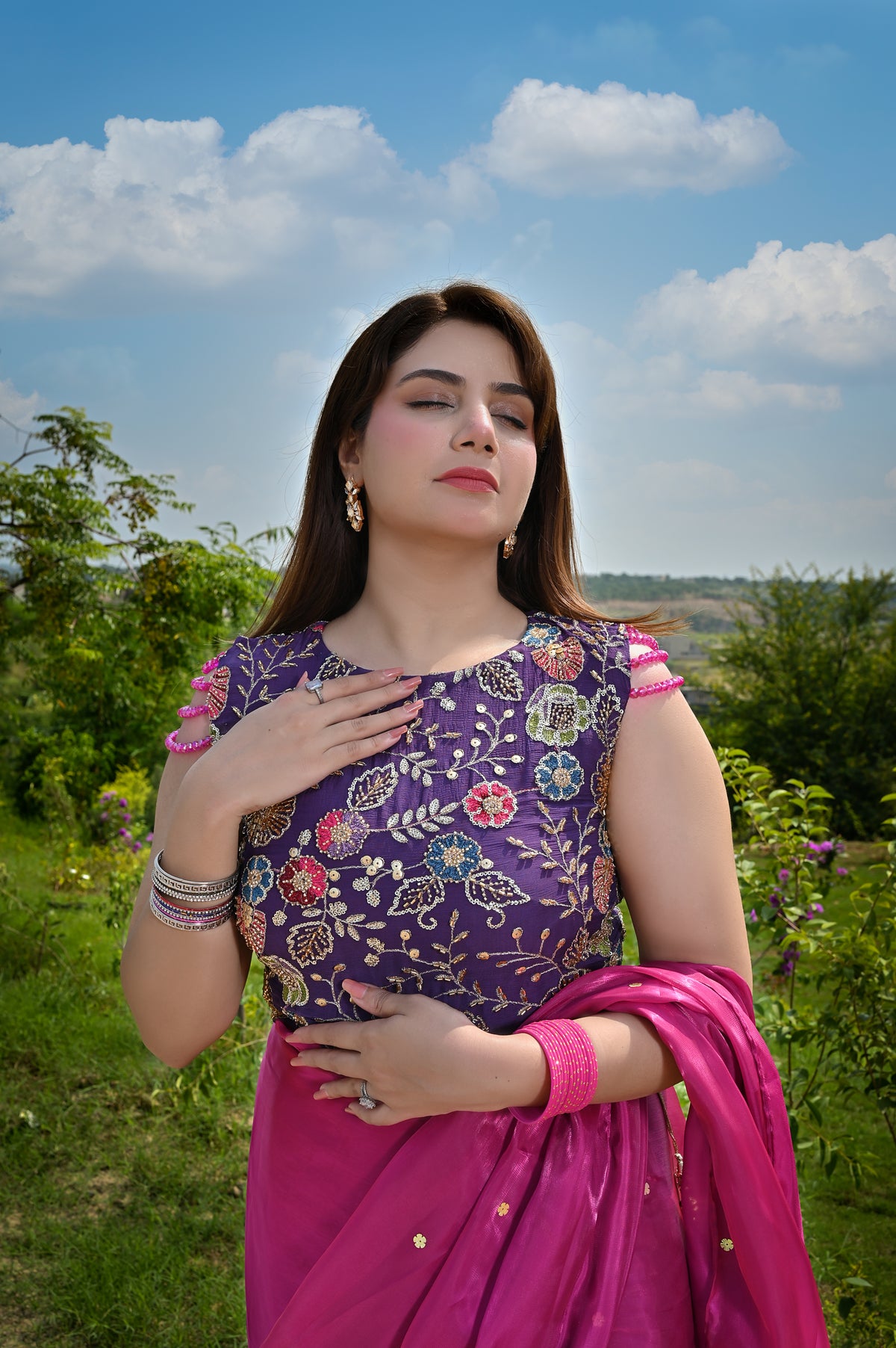 RoopRang pink Shesha silk saree with detailed cutdana chiffon blouse close-up