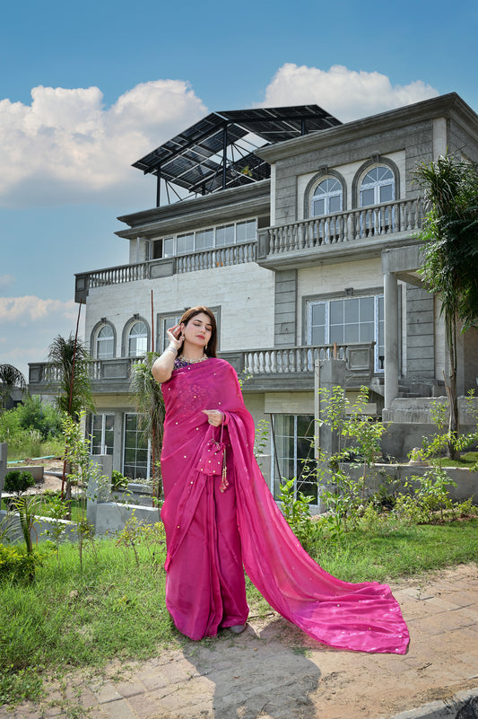 RoopRang pink Shesha silk saree with flowing drape and cutdana chiffon blouse