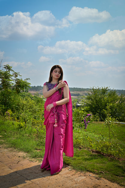 Full view of RoopRang pink Shesha silk saree with chiffon cutdana blouse