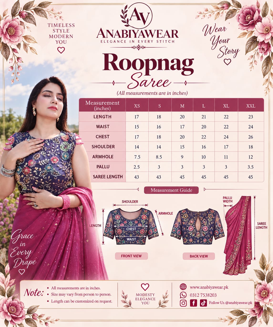 RoopRang Shesha silk saree size chart with blouse and saree measurements