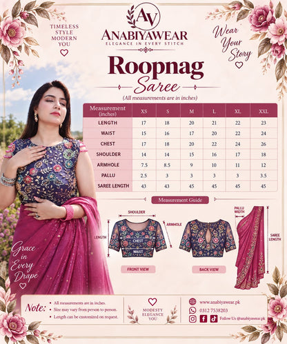 RoopRang Shesha silk saree size chart with blouse and saree measurements