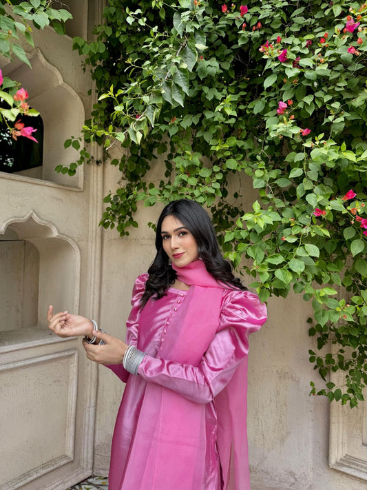 Close-up of Rose Pink China Katan shirt highlighting fluffy sleeves, front stitching details and matching organza dupatta