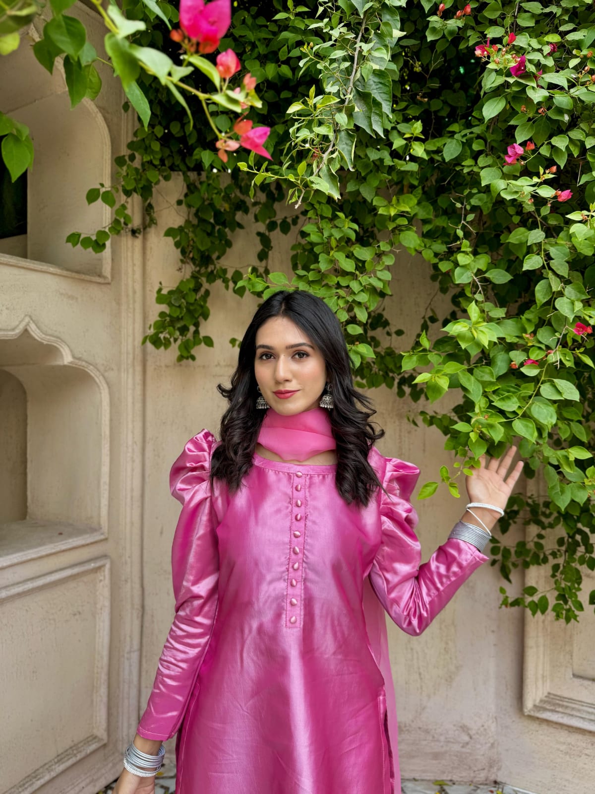 Upper front view of Rose Pink China Katan shirt highlighting puff sleeves, smooth silk finish and coordinated organza dupatta