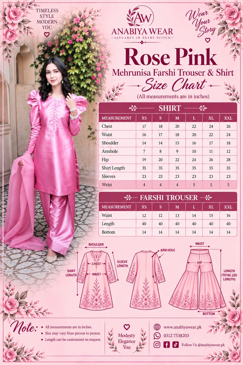 Anabiyawear Rose Pink Mehrumina farshi trouser and shirt size chart with measurements from XS to XXL