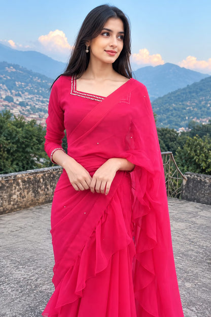 Ruffle Bloom fuchsia chiffon saree close view highlighting the fitted blouse, neckline detailing and layered ruffle drape