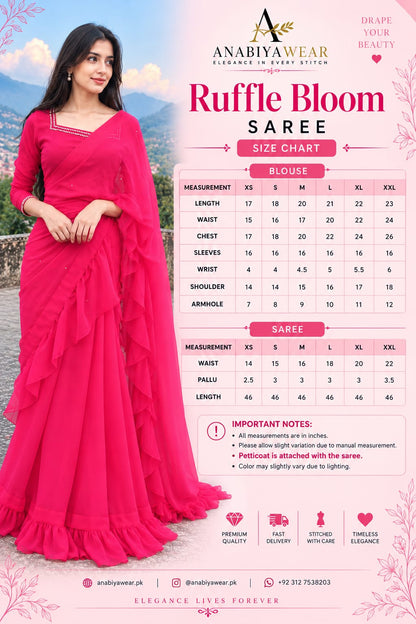 Ruffle Bloom fuchsia chiffon saree size chart with blouse measurements and fitting guide for available sizes