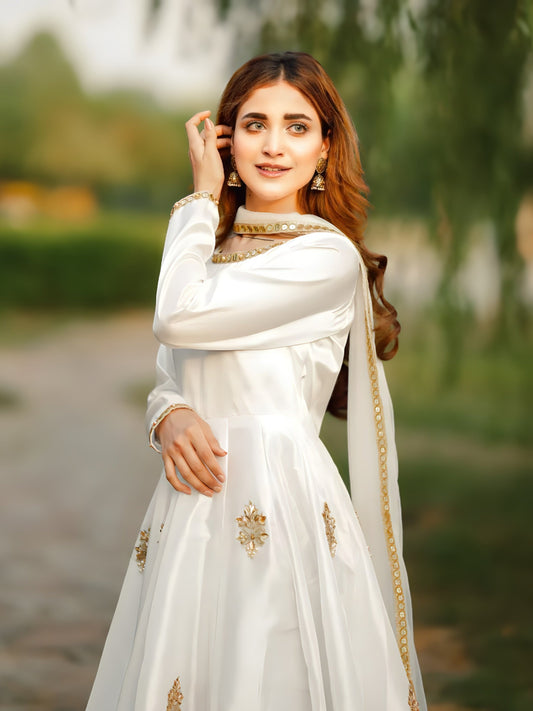 Sammy White frock with golden mirror lace neckline, cuffs and net dupatta