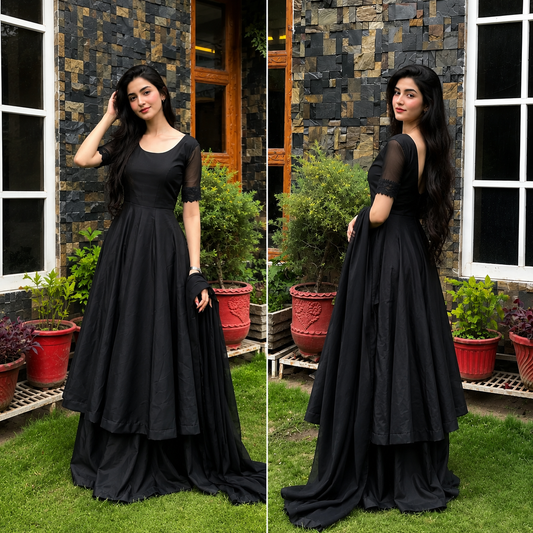Shab-e-Hussan Black Chiffon 3-Piece Maxi with Gharara