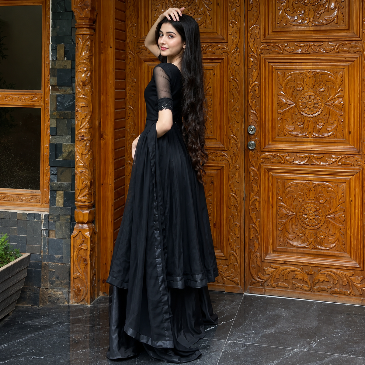 Shab-e-Hussan Black Chiffon 3-Piece Maxi with Palazzo
