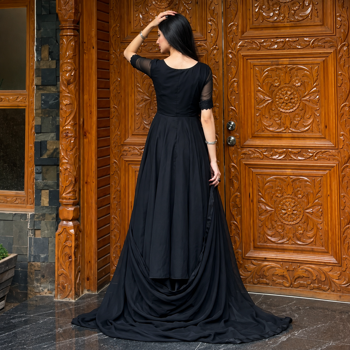 Shab-e-Hussan Black Chiffon 3-Piece Maxi with Palazzo