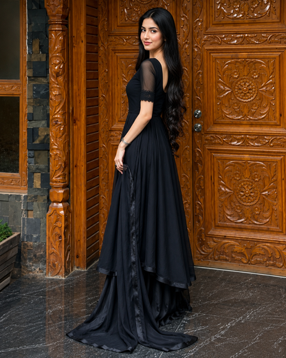 Shab-e-Hussan Black Chiffon 3-Piece Maxi with Palazzo