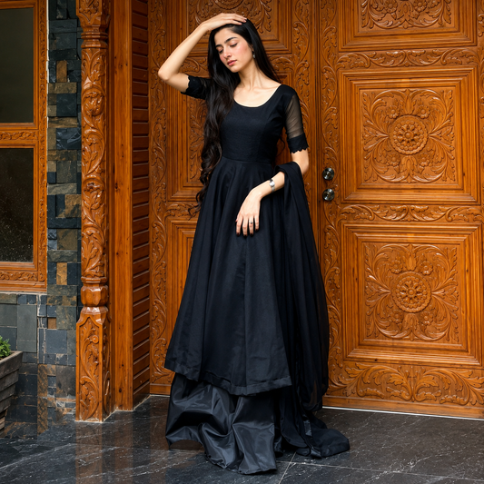 Shab-e-Hussan Black Chiffon 3-Piece Maxi with Palazzo