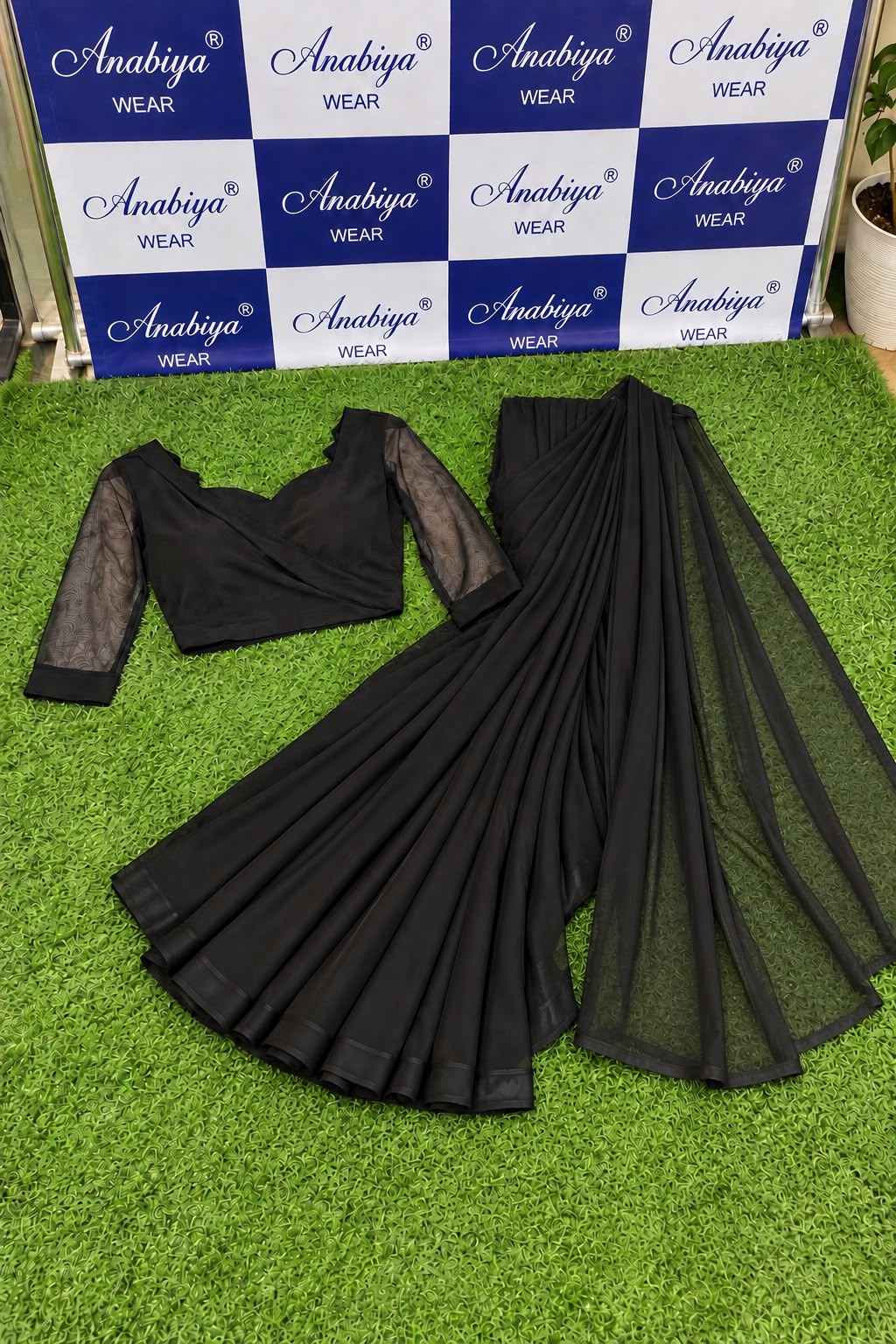 Shab Aara black chiffon saree - wedding guest look