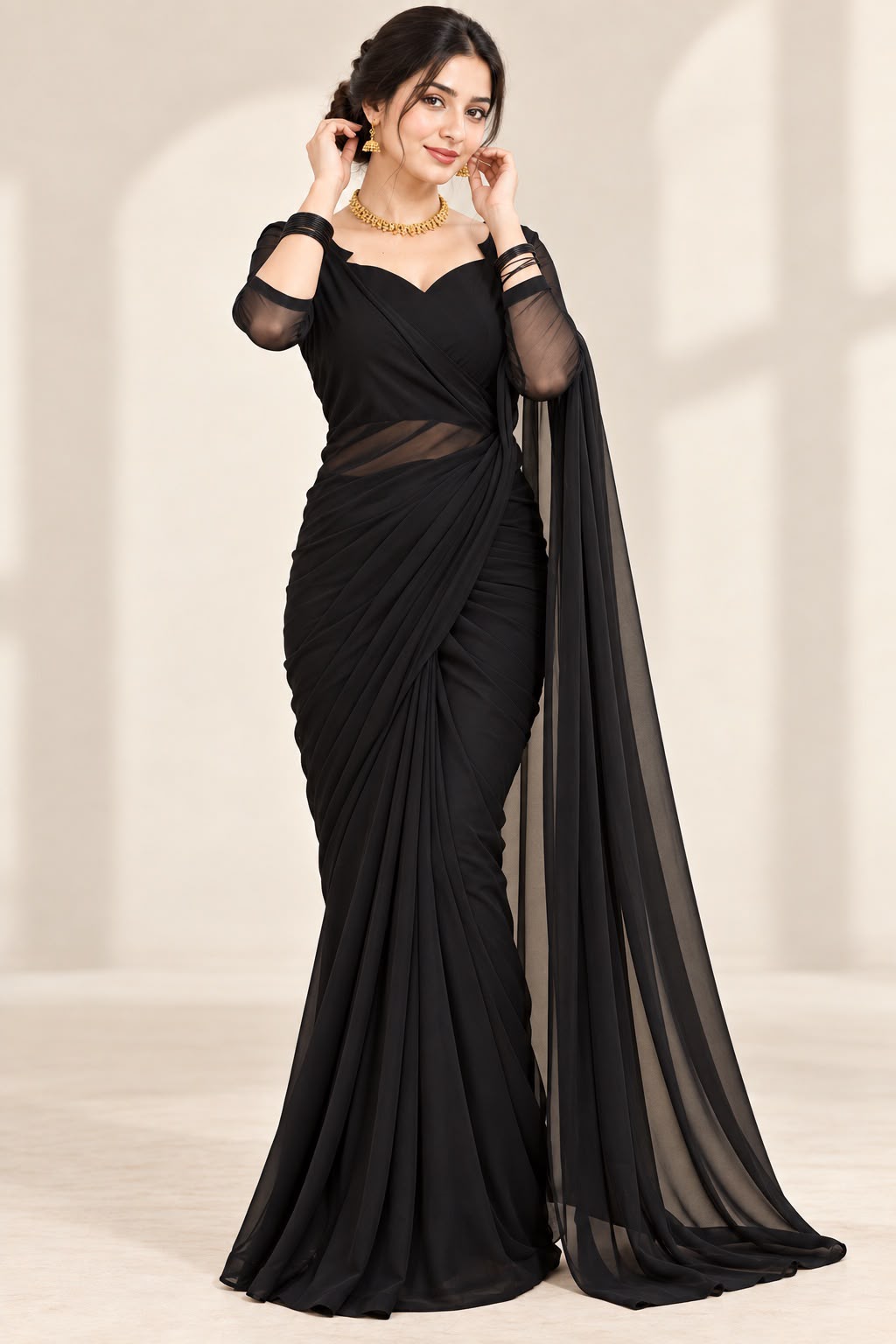 Shab Aara black ready to wear saree - full length look