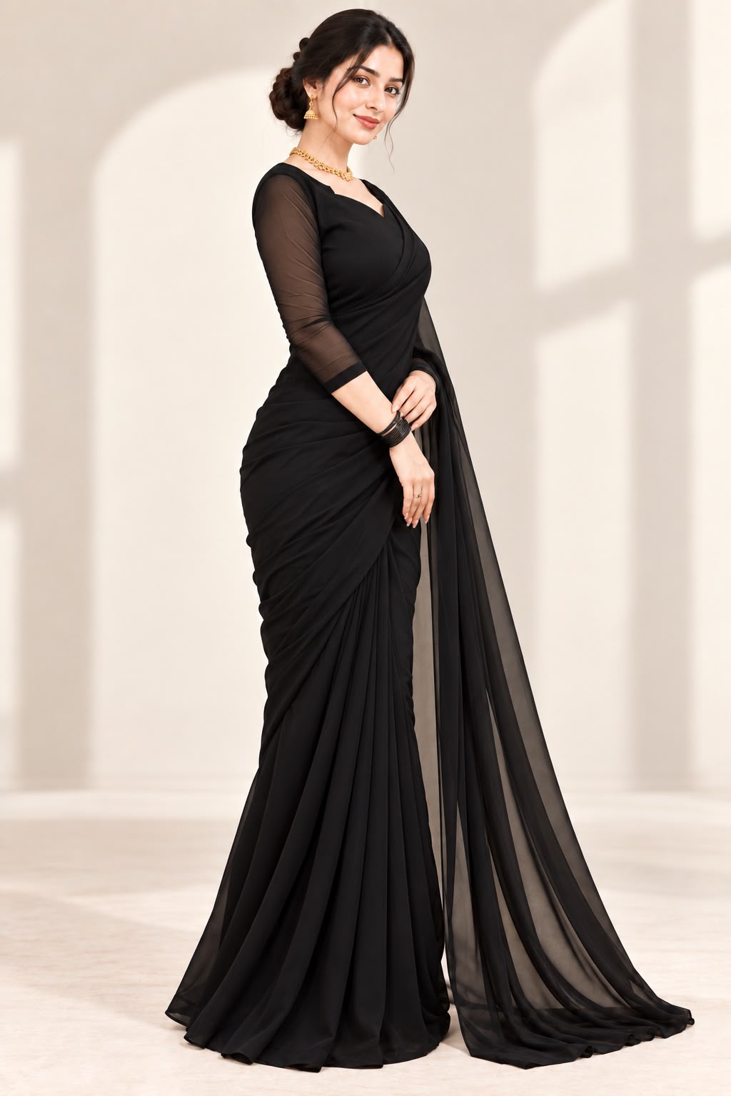 Shab Aara black chiffon saree with 3 yard pallu