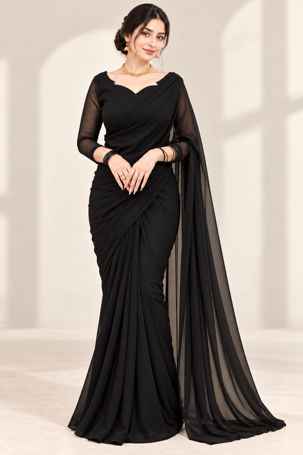Shab Aara black pure chiffon ready to wear saree - front view