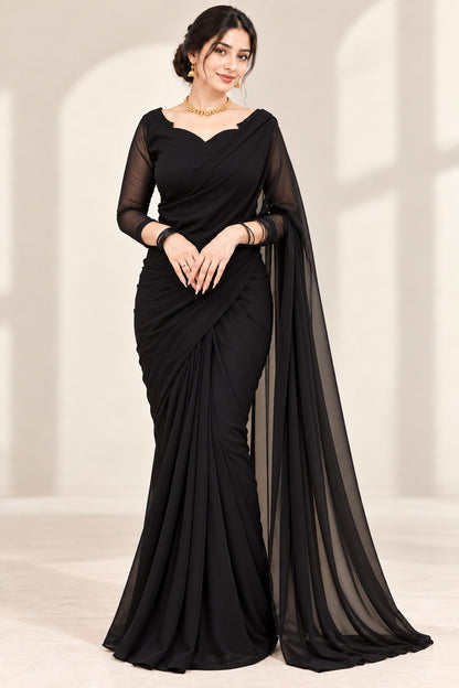 Shab Aara black pure chiffon ready to wear saree - front view