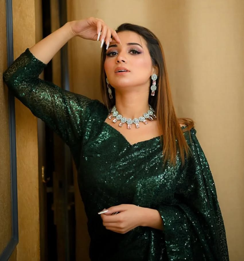 Snowdrop Bottle Green sequin net saree close-up showing neckline and full-sleeve blouse detail by Anabiyawear