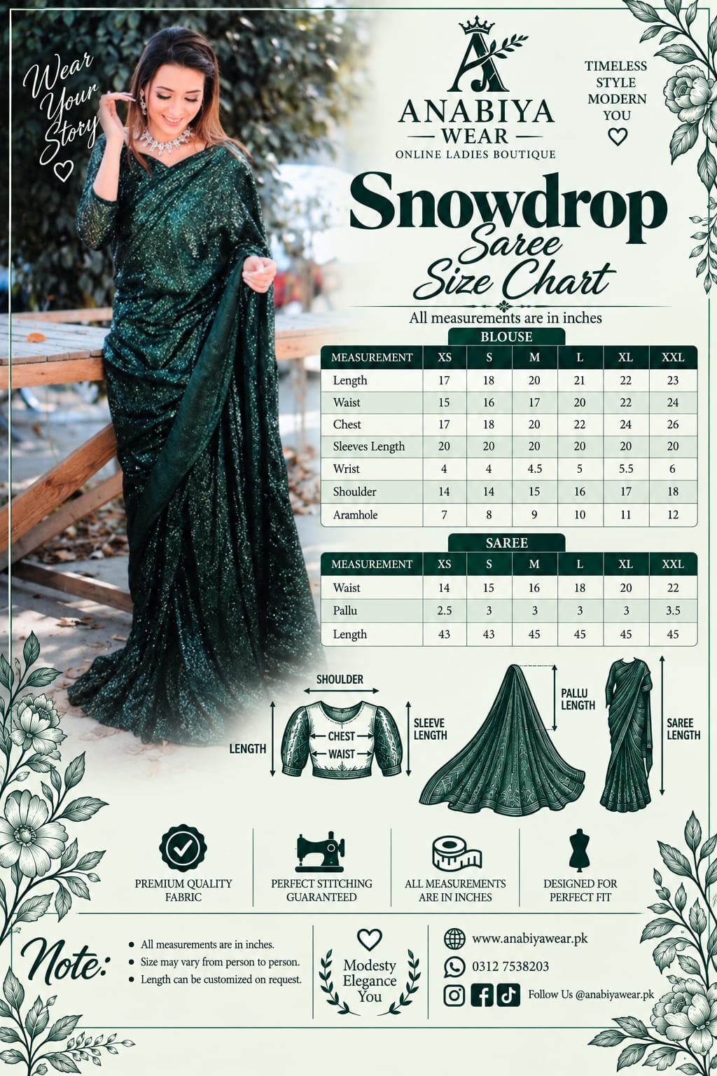Snowdrop Bottle Green sequin net saree size chart with XS to XXL measurements by Anabiyawear