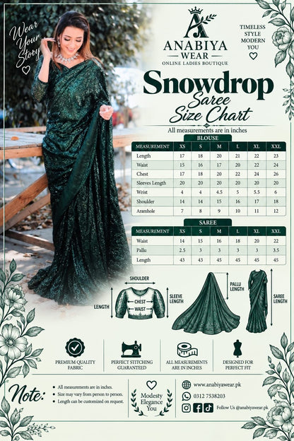 Snowdrop Bottle Green sequin net saree size chart with XS to XXL measurements by Anabiyawear