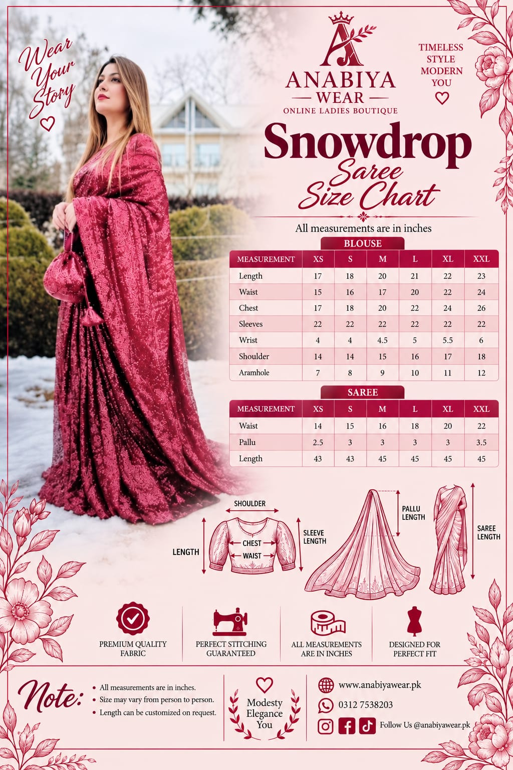 Snowdrop Maroon sequin net saree size chart with XS to XXL measurements by Anabiyawear