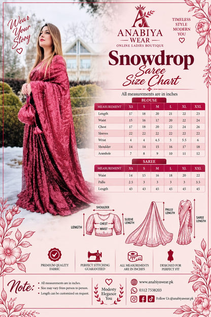 Snowdrop Maroon sequin net saree size chart with XS to XXL measurements by Anabiyawear
